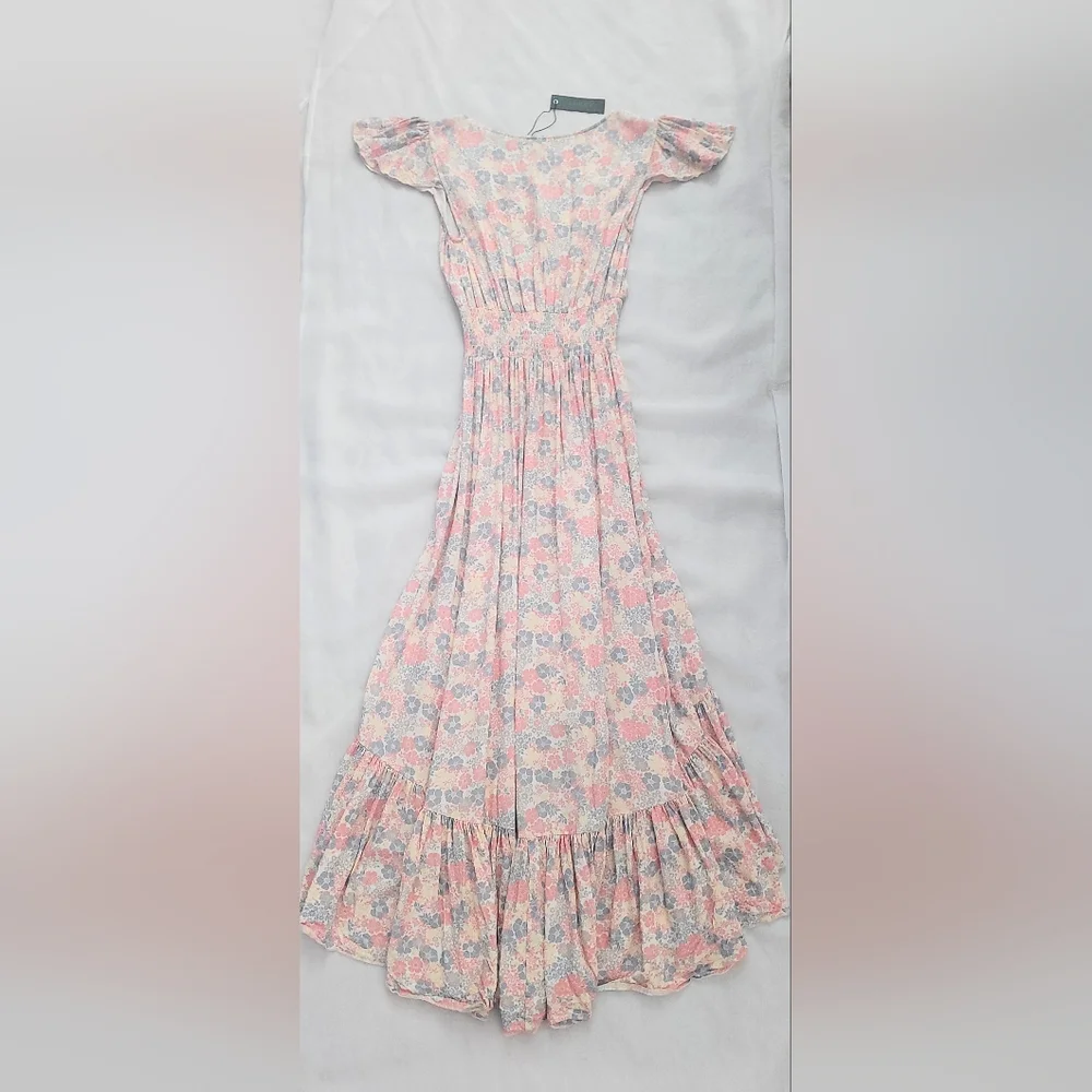 NWT! Luxe Bobi Anthro Pastel Chic Floral Print Ruffled Cottagecore Maxi Dress XS - Picture 8 of 16
